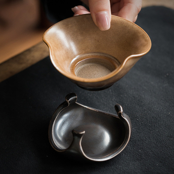 Filtru ceramic pentru ceai, cu glazură galbenă și model de frunză de lotus, filtru încorporat