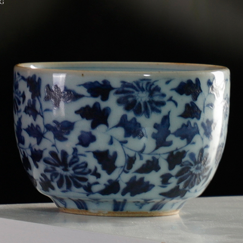Ceșcuță de ceai din ceramică roșie sub glazură, model albastru-alb, în stil antic, mică ceașcă individuală pentru degustare de ceai acasă