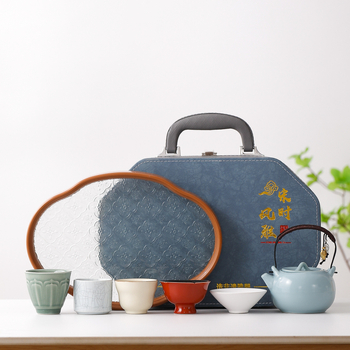 Set Gongfu de ceai – ceainic ceramic cu glazură celadon, tavă inclusă, ambalare cadou, portabil, pentru 6 persoane