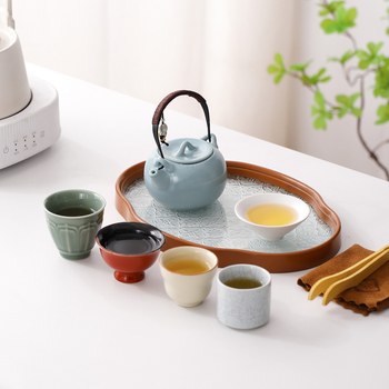Set Gongfu de ceai – ceainic ceramic cu glazură celadon, tavă inclusă, ambalare cadou, portabil, pentru 6 persoane