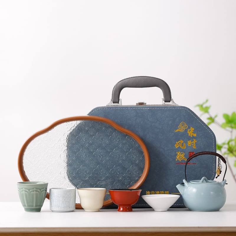 Set Gongfu de ceai – ceainic ceramic cu glazură celadon, tavă inclusă, ambalare cadou, portabil, pentru 6 persoane
