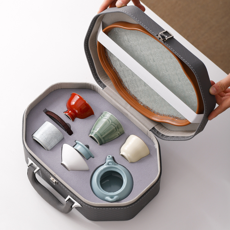 Set Gongfu de ceai – ceainic ceramic cu glazură celadon, tavă inclusă, ambalare cadou, portabil, pentru 6 persoane