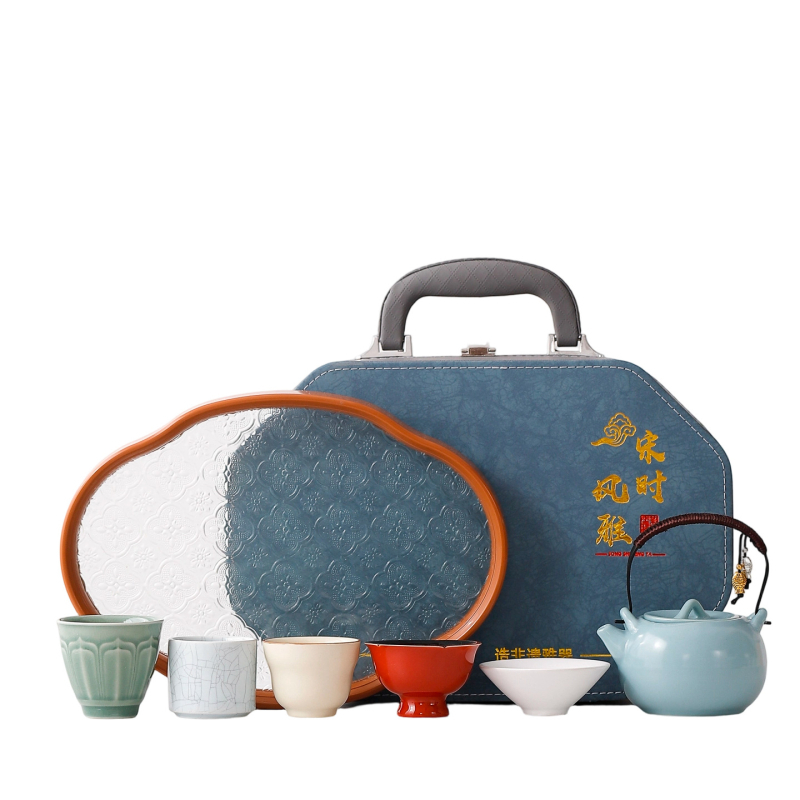 Set Gongfu de ceai – ceainic ceramic cu glazură celadon, tavă inclusă, ambalare cadou, portabil, pentru 6 persoane