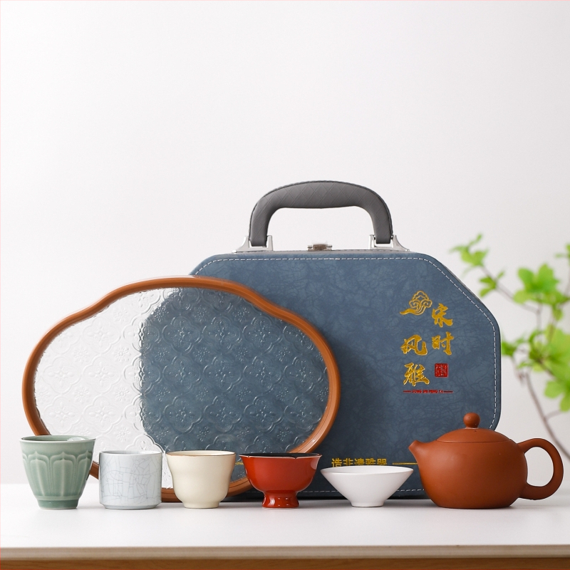 Set Gongfu de ceai – ceainic ceramic cu glazură celadon, tavă inclusă, ambalare cadou, portabil, pentru 6 persoane