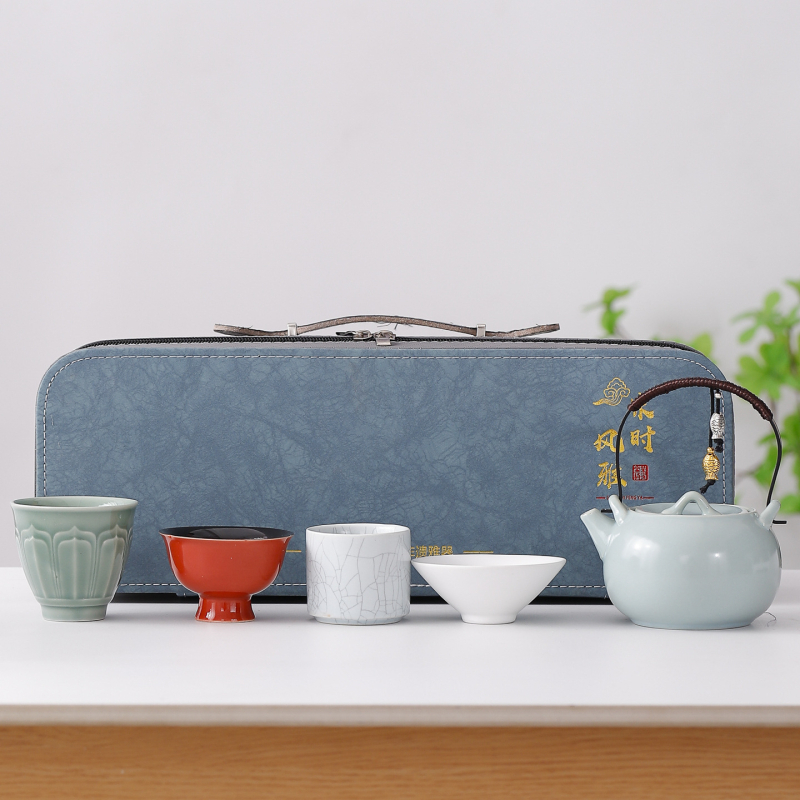 Set Gongfu de ceai – ceainic ceramic cu glazură celadon, tavă inclusă, ambalare cadou, portabil, pentru 6 persoane