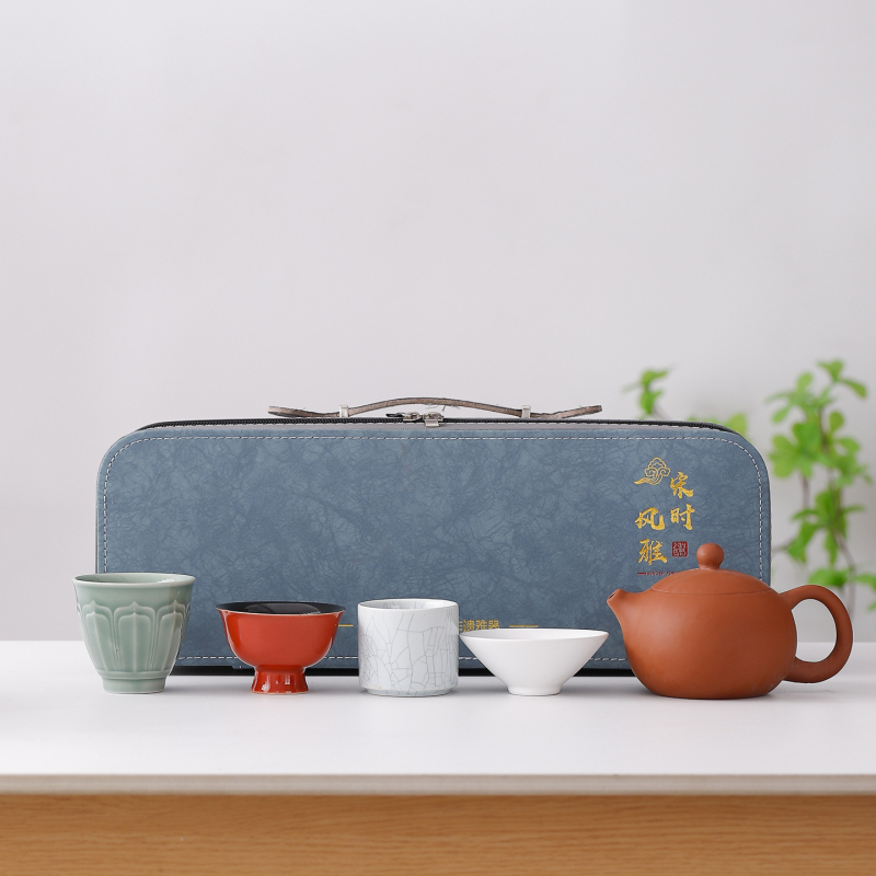 Set Gongfu de ceai – ceainic ceramic cu glazură celadon, tavă inclusă, ambalare cadou, portabil, pentru 6 persoane
