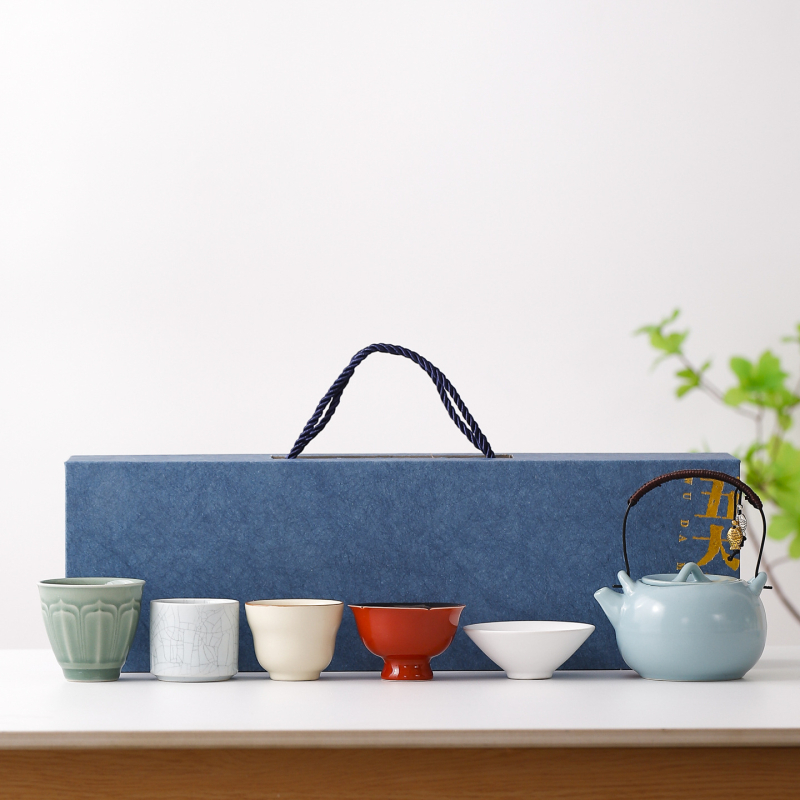 Set Gongfu de ceai – ceainic ceramic cu glazură celadon, tavă inclusă, ambalare cadou, portabil, pentru 6 persoane