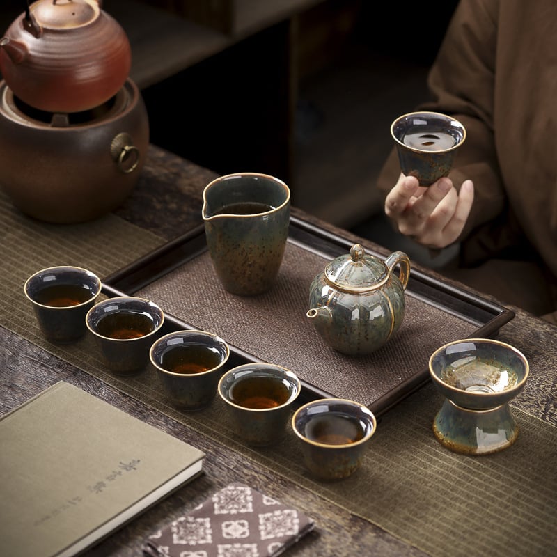 Set Gongfu de ceai din ceramică, cu glazură cristalină – pentru birou și uz casnic