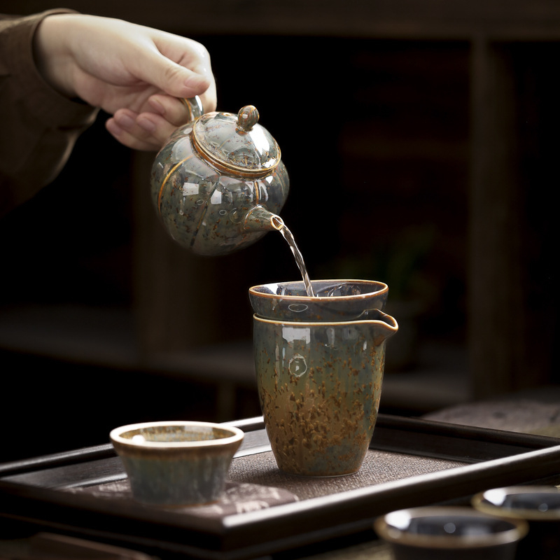 Set Gongfu de ceai din ceramică, cu glazură cristalină – pentru birou și uz casnic
