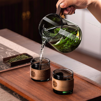 Ceasca de ceai din sticlă borosilicat groasă, în formă de semilună, cu filtru integrat și separare ceai-apă, infuzor pentru ceai verde