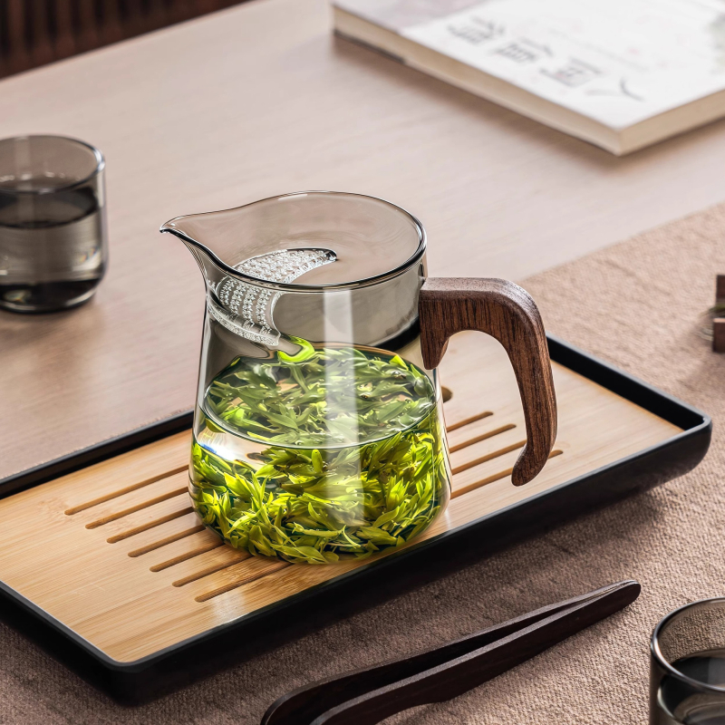 Ceasca de ceai din sticlă borosilicat groasă, în formă de semilună, cu filtru integrat și separare ceai-apă, infuzor pentru ceai verde