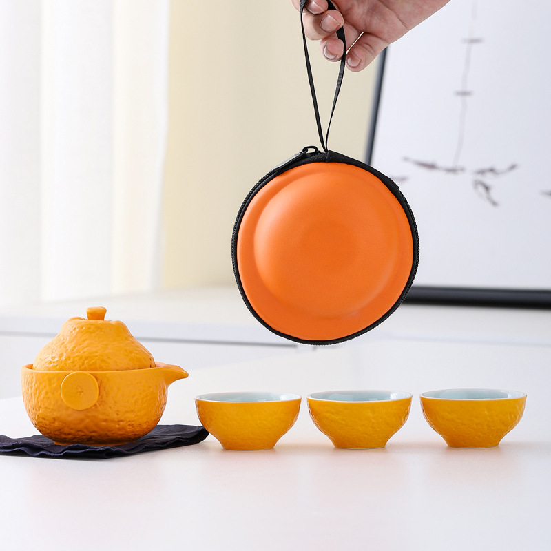 Set de ceai de călătorie portocaliu, ceramic, ceainic în stil japonez cu patru cești