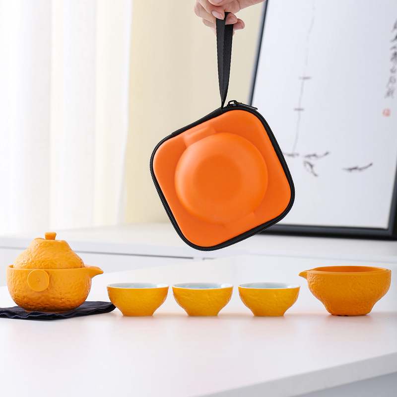 Set de ceai de călătorie portocaliu, ceramic, ceainic în stil japonez cu patru cești