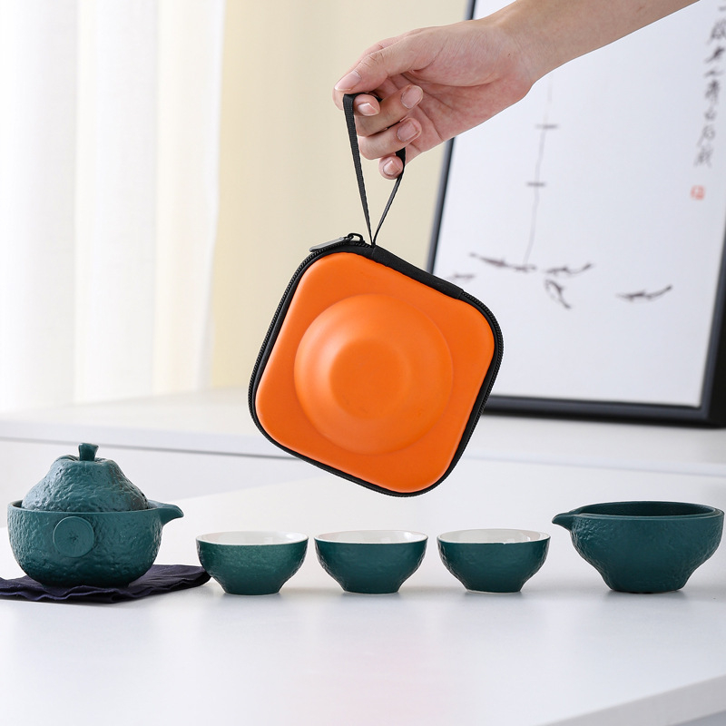 Set de ceai de călătorie portocaliu, ceramic, ceainic în stil japonez cu patru cești