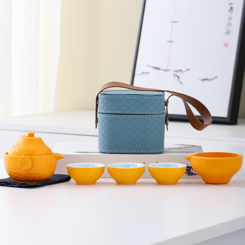 Set de ceai de călătorie portocaliu, ceramic, ceainic în stil japonez cu patru cești