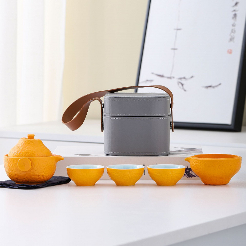 Set de ceai de călătorie portocaliu, ceramic, ceainic în stil japonez cu patru cești