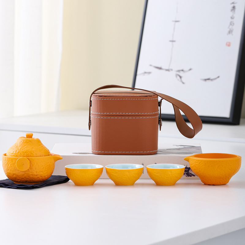 Set de ceai de călătorie portocaliu, ceramic, ceainic în stil japonez cu patru cești