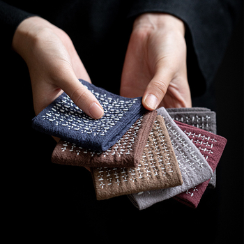 Prosop de ceai stil japonez, din bumbac și in, cu trei pliuri, design Zen rustic; suport mic pătrat cu model de cărămidă pentru ceașcă, covoraș pentru ceainic și pânză pentru ceremonia ceaiului