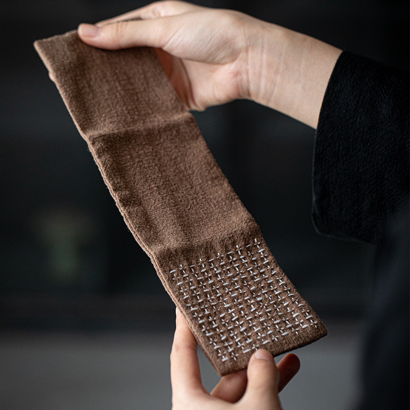 Prosop de ceai stil japonez, din bumbac și in, cu trei pliuri, design Zen rustic; suport mic pătrat cu model de cărămidă pentru ceașcă, covoraș pentru ceainic și pânză pentru ceremonia ceaiului