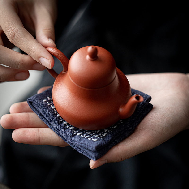 Prosop de ceai stil japonez, din bumbac și in, cu trei pliuri, design Zen rustic; suport mic pătrat cu model de cărămidă pentru ceașcă, covoraș pentru ceainic și pânză pentru ceremonia ceaiului