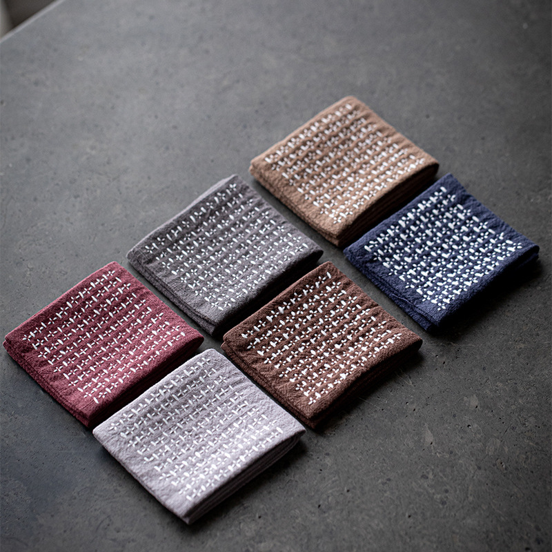 Prosop de ceai stil japonez, din bumbac și in, cu trei pliuri, design Zen rustic; suport mic pătrat cu model de cărămidă pentru ceașcă, covoraș pentru ceainic și pânză pentru ceremonia ceaiului