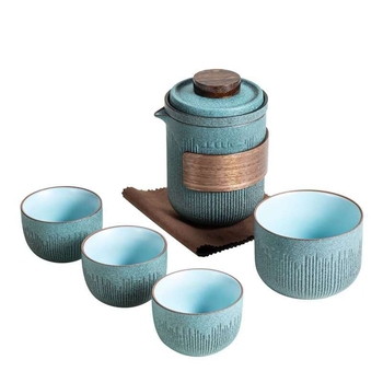 Set de ceai Kung Fu portabil cu glazură Bluestone, cu ceainic și două sau patru cești, design simplu, husă de transport