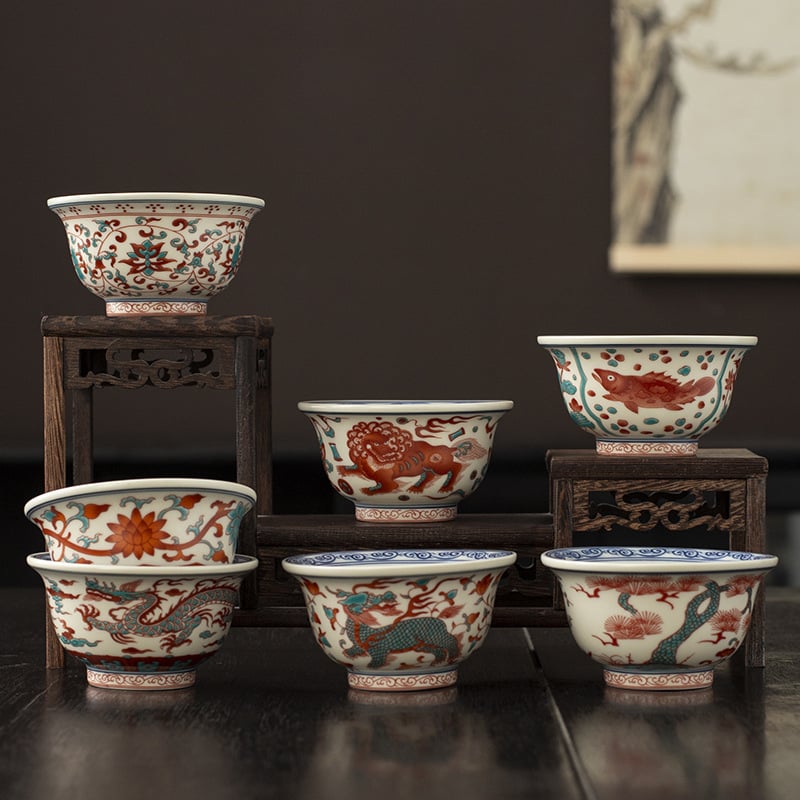 ceașă de ceai în stil antic, cu model lotus roșu și verde, set ceramic Kung Fu pentru ceai, ceașcă personală pentru uz casnic