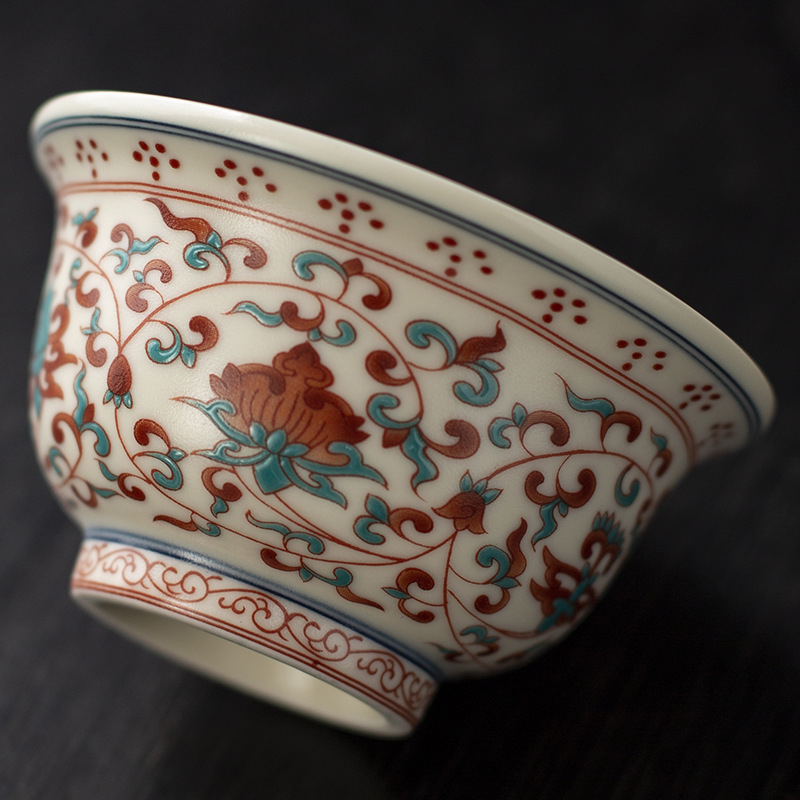ceașă de ceai în stil antic, cu model lotus roșu și verde, set ceramic Kung Fu pentru ceai, ceașcă personală pentru uz casnic