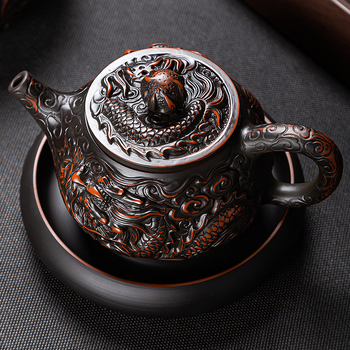 Ceainic din lut mov, cu doi dragoni care joacă cu o perlă, set Gongfu de ceai, ceainic și cești, lucrat manual, stil chinezesc pentru uz casnic