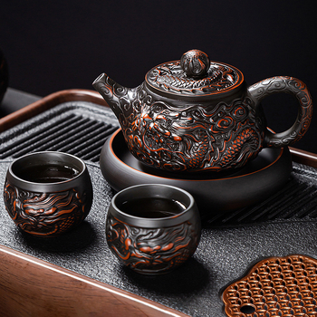 Ceainic din lut mov, cu doi dragoni care joacă cu o perlă, set Gongfu de ceai, ceainic și cești, lucrat manual, stil chinezesc pentru uz casnic