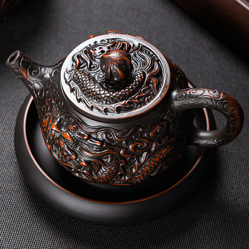 Ceainic din lut mov, cu doi dragoni care joacă cu o perlă, set Gongfu de ceai, ceainic și cești, lucrat manual, stil chinezesc pentru uz casnic
