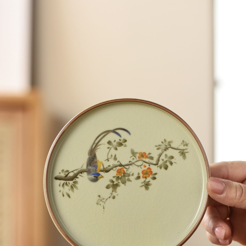 Suport pentru ceainic Ruyao Kiln cu model de fisuri de gheață, set de ceai ceramic, tavă pentru ceai, izolație termică, anti-arsură, diametru 13 cm, înălțime 1,2 cm