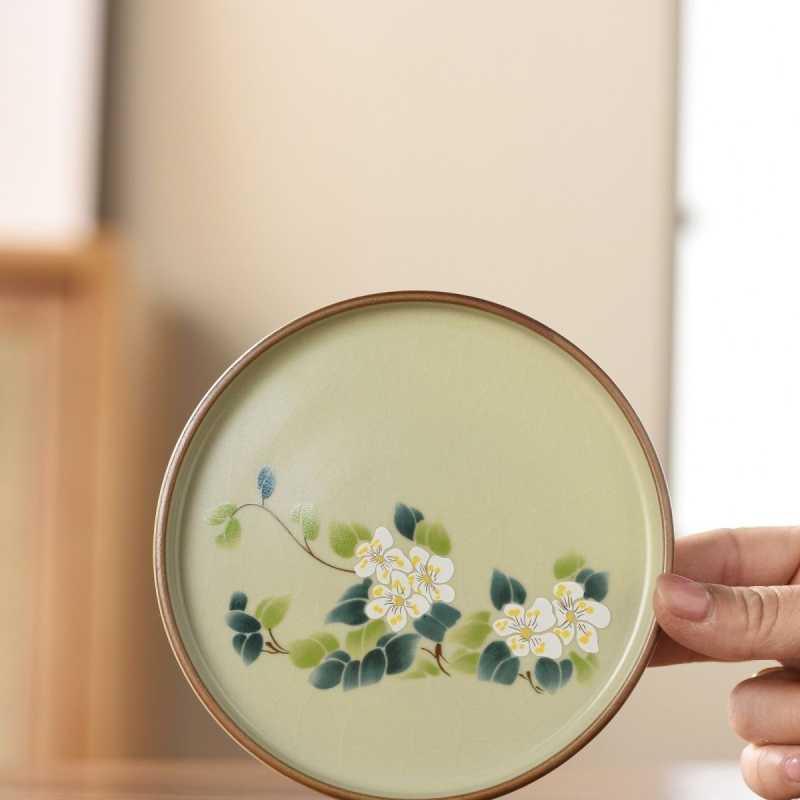 Suport pentru ceainic Ruyao Kiln cu model de fisuri de gheață, set de ceai ceramic, tavă pentru ceai, izolație termică, anti-arsură, diametru 13 cm, înălțime 1,2 cm