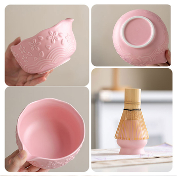 Set ceramic pentru matcha: boluri cu design în relief de sakura, 7 piese, cu gură de turnare, cutie colorată