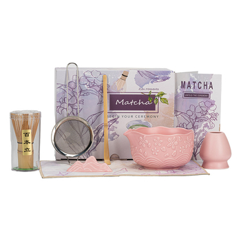 Set ceramic pentru matcha: boluri cu design în relief de sakura, 7 piese, cu gură de turnare, cutie colorată