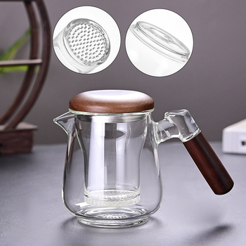 Ceainic din sticlă rezistentă la căldură, mâner lateral, capac din nuc, borosilicat înalt, separator ceai-apă, pentru birou
