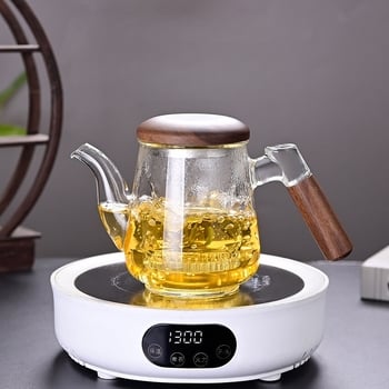 Ceainic din sticlă rezistentă la căldură, mâner lateral, capac din nuc, borosilicat înalt, separator ceai-apă, pentru birou