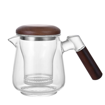 Ceainic din sticlă rezistentă la căldură, mâner lateral, capac din nuc, borosilicat înalt, separator ceai-apă, pentru birou