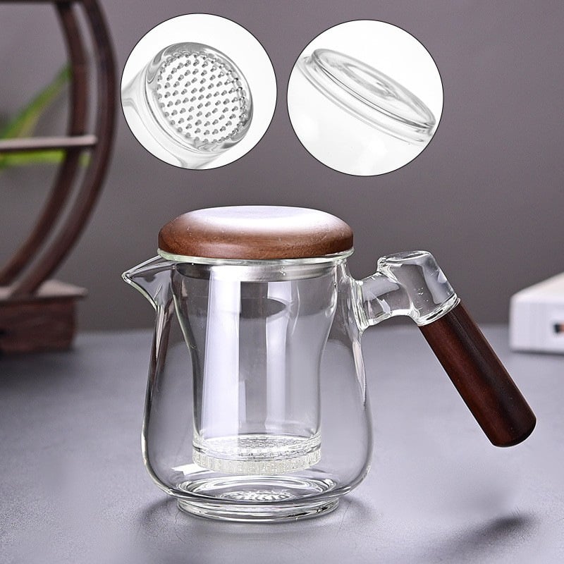 Ceainic din sticlă rezistentă la căldură, mâner lateral, capac din nuc, borosilicat înalt, separator ceai-apă, pentru birou