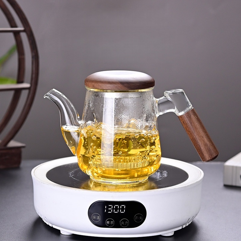 Ceainic din sticlă rezistentă la căldură, mâner lateral, capac din nuc, borosilicat înalt, separator ceai-apă, pentru birou