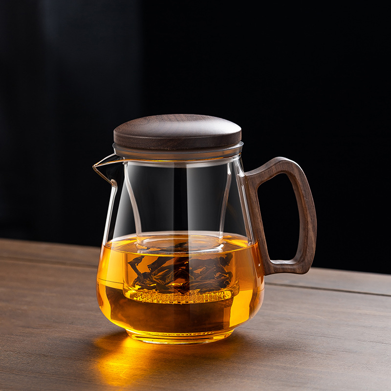 Ceainic din sticlă rezistentă la căldură, mâner lateral, capac din nuc, borosilicat înalt, separator ceai-apă, pentru birou