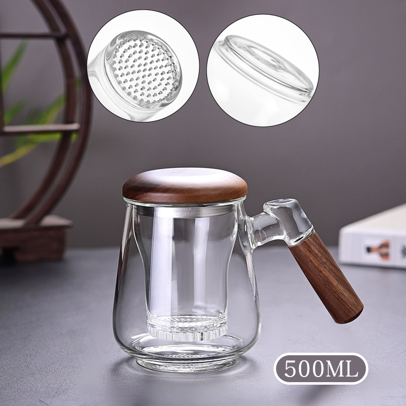 Ceainic din sticlă rezistentă la căldură, mâner lateral, capac din nuc, borosilicat înalt, separator ceai-apă, pentru birou