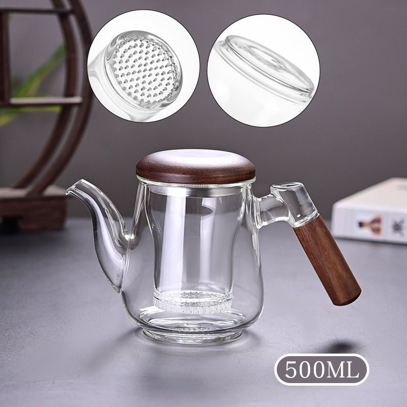 Ceainic din sticlă rezistentă la căldură, mâner lateral, capac din nuc, borosilicat înalt, separator ceai-apă, pentru birou