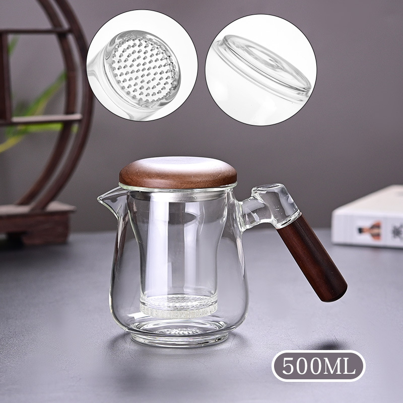 Ceainic din sticlă rezistentă la căldură, mâner lateral, capac din nuc, borosilicat înalt, separator ceai-apă, pentru birou