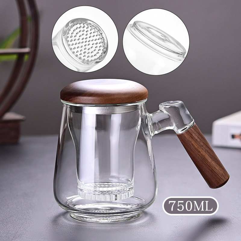 Ceainic din sticlă rezistentă la căldură, mâner lateral, capac din nuc, borosilicat înalt, separator ceai-apă, pentru birou