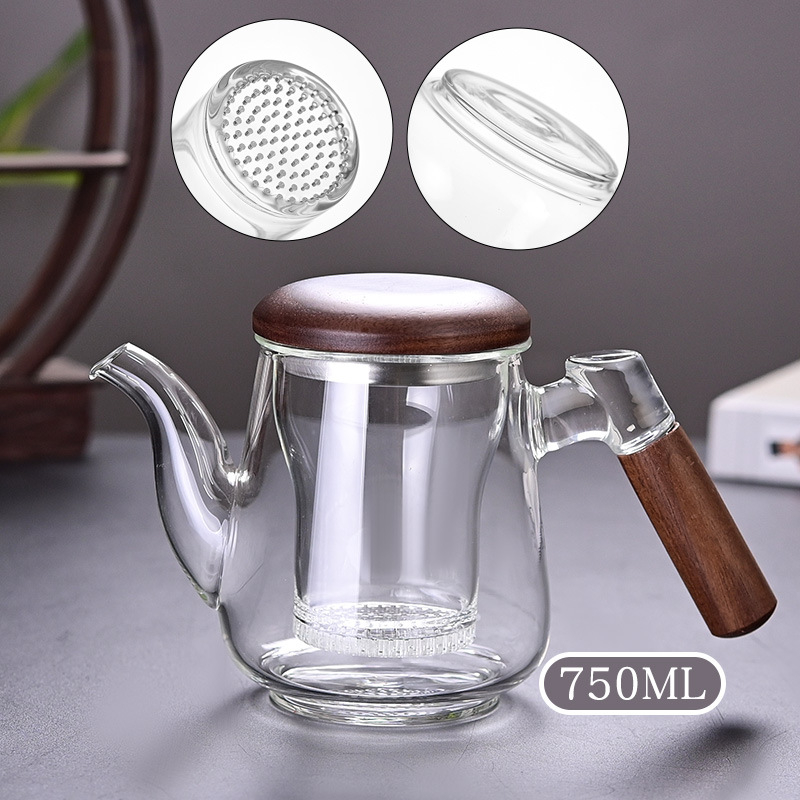 Ceainic din sticlă rezistentă la căldură, mâner lateral, capac din nuc, borosilicat înalt, separator ceai-apă, pentru birou