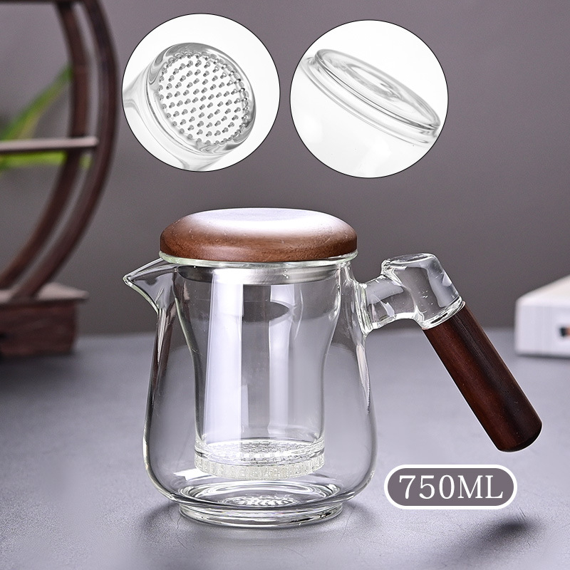 Ceainic din sticlă rezistentă la căldură, mâner lateral, capac din nuc, borosilicat înalt, separator ceai-apă, pentru birou