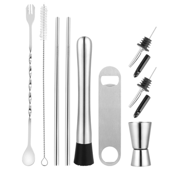 Set premium de unelte pentru cocktailuri din oțel inoxidabil: muddler pentru lămâi, zdrobitor de gheață, lingură de amestec, ceașcă de măsurat și turnător de vin