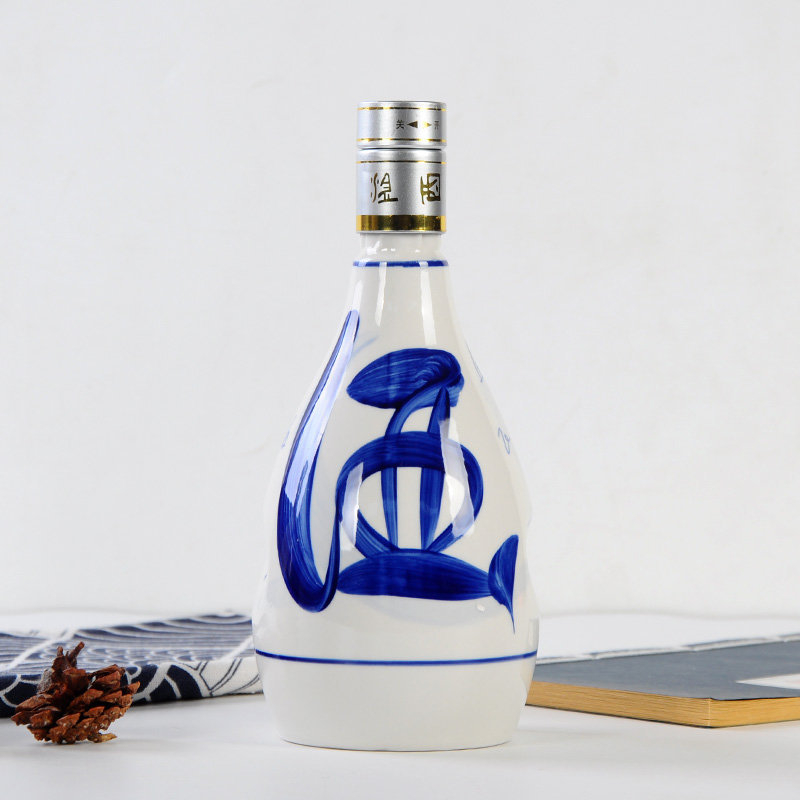 Set de vin din ceramică albastru-alb, sticlă de vin goală, recipient sigilat, set complet într-o cutie cadou, calitate premium