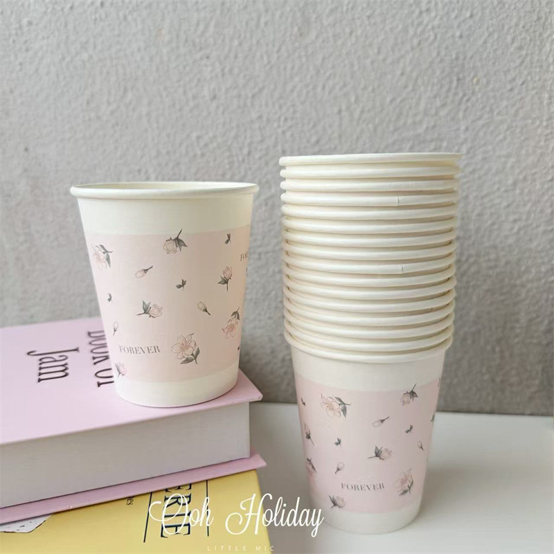 Cupe de hârtie roz, stil Insta, groase, de unică folosință, pentru birou, casă și petreceri, 201–300 ml, laminat, pachet 50 buc